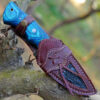 Beautiful blue handle Custom Handmade Damascus Steel Fixed Blade Hunting Knife with Leather Sheath - Image 6