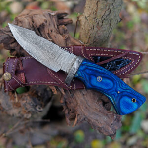 Beautiful blue handle Custom Handmade Damascus Steel Fixed Blade Hunting Knife with Leather Sheath