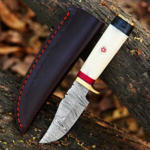 Beautiful Little Custom Handmade Damascus hunting knife with leather sheet