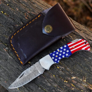 Beautiful US flag handle Pocket Knife for Men, 6.5 inch Folding Knife with leather sheet