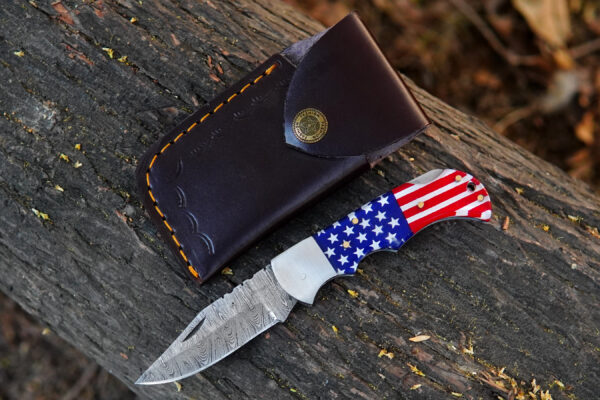 Beautiful US flag handle Pocket Knife for Men, 6.5 inch Folding Knife with leather sheet